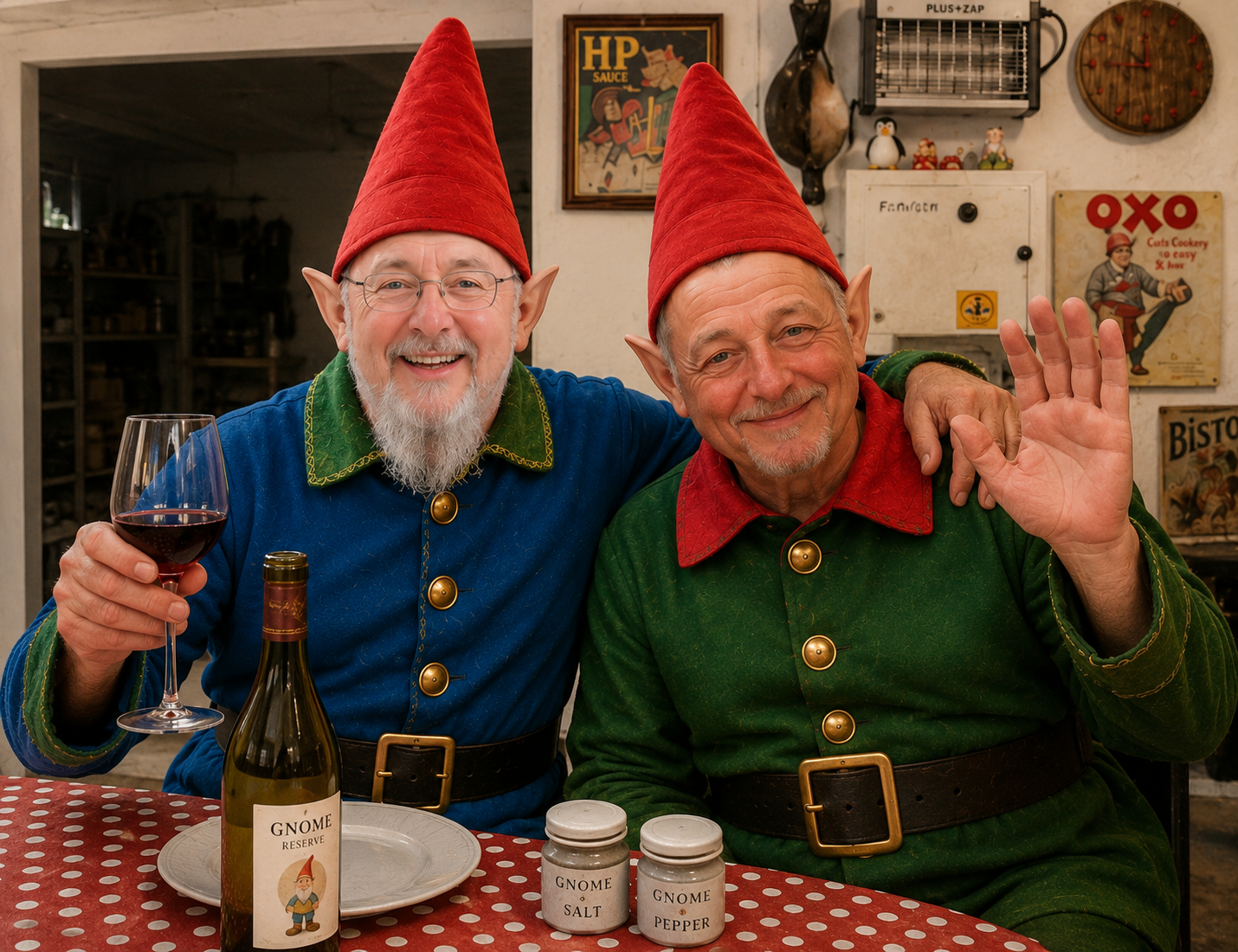 Ian Oakley and Fred Lyons dressed as cheerful garden gnomes at Gnomeagedent