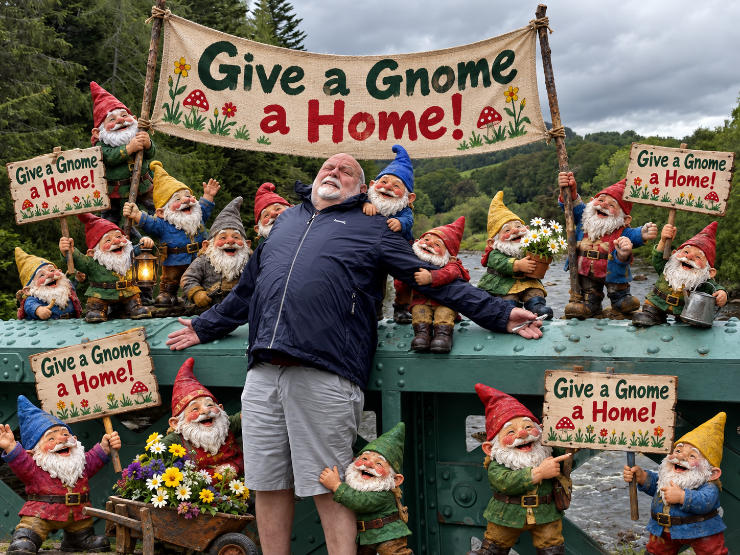 Ali surrounded by cheerful garden gnomes on a bridge holding Give a Gnome a Home banners and placards